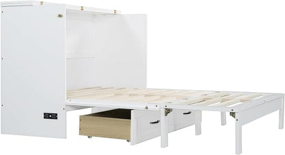 Ball & Cast Full Size Murphy Bed Hideaway Wall Chest with Large Drawers,can be Folded,Storage Space-Saving Furniture Hideaway Platform Bedframe W/USB Charging Port,for Bedroom,Gray