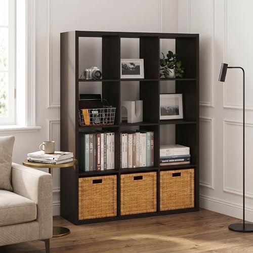 12-Cube Bookshelf, Cubicle Shelf Bookcase with Open Back, Position Reversible Book Shelf, 15 x 44 x 58, for Home Office, Living Room, Dark Oak