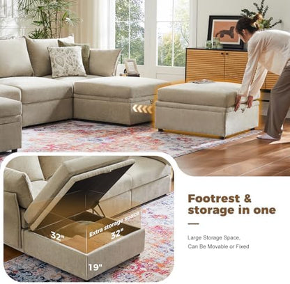 ABCASA 102.6" L Shaped Modular Sectional Couch with Washable Chenille Cover, 4 Seater Deep Seat Sofa with Storage Ottoman & Reversible Chaise for Living Room, Pet-Friendly, Beige