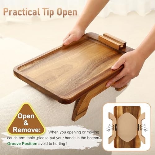 SINWANT Couch Arm Tray,15.35x9.84 in Sofa Clip on Arm Table,Acacia Wood