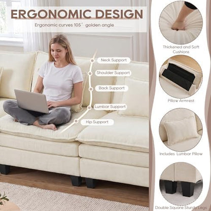 IPKIG 154" Modular Sectional Sofa, Chenille U-Shaped Sectional Couch Comfy Upholstered 4-Seat Sofa with 2 Ottoman, 4 Lumbar Pillow, Deep Seat Cloud Couch Sofa for Living Room, Beige White