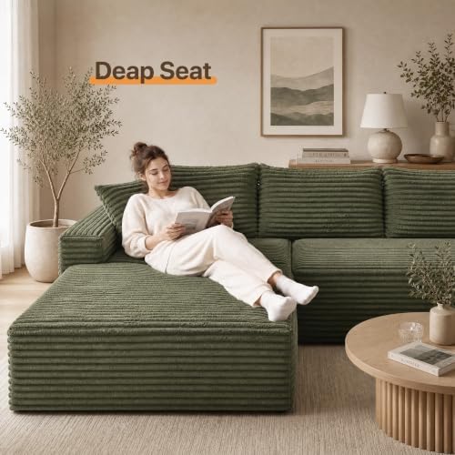 Claiks 104" Boneless Couch, L Shape Cloud Couch Sectional, Green