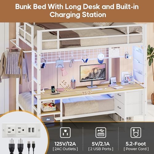 Bunk Bed Full Over Twin with Desk, Led Lights and Charging Station,White