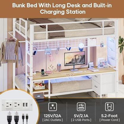 Bunk Bed Full Over Twin with Desk, Led Lights and Charging Station,White