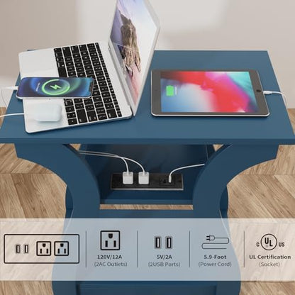 End Tables Living Room, End Table with Charging Station Navy Blue