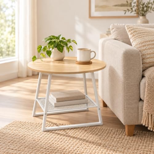 Lightdot 2‑Tier Round Side Table, Walnut End Table with Metal Mesh Shelf