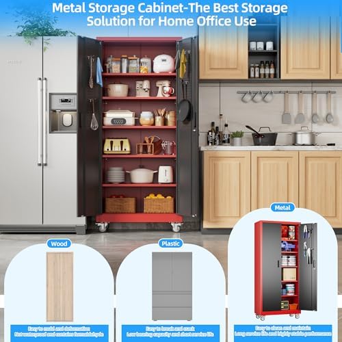 Reemoon 71"H Metal Garage Storage Cabinet,Tool Cabinet with Wheels,Pegboard