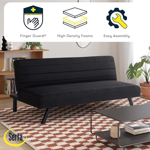 Serta® Damien 66.1” Convertible Futon Sofa, Sofa‑Lounger‑Bed Design, Dreamcoil® Comfort, FingerGuard® Safety, Woven Polyester Fabric, Black