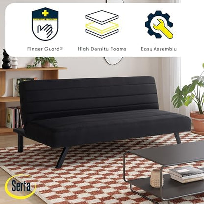 Serta® Damien 66.1” Convertible Futon Sofa, Sofa‑Lounger‑Bed Design, Dreamcoil® Comfort, FingerGuard® Safety, Woven Polyester Fabric, Black