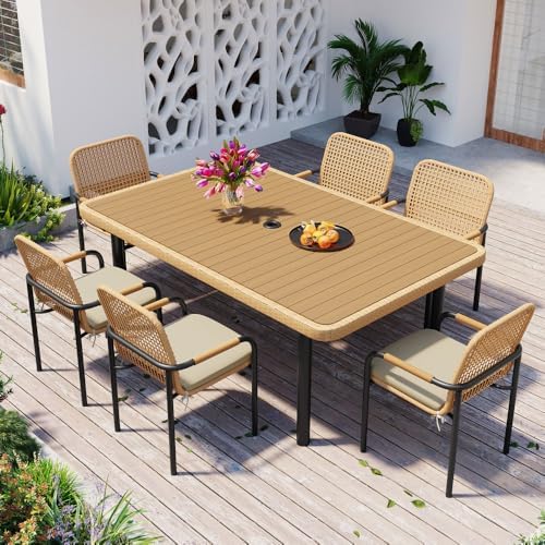 Outdoor Dining Set 7-Piece, Patio Furniture Set w Plastic-Wood Table Top with Umbrella Hole, Rattan Dining Set for Backyard, Garden, Beige Cushions (Oatmeal)