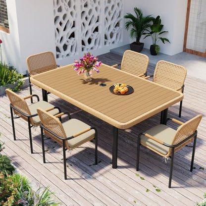 Outdoor Dining Set 7-Piece, Patio Furniture Set w Plastic-Wood Table Top with Umbrella Hole, Rattan Dining Set for Backyard, Garden, Beige Cushions (Oatmeal)