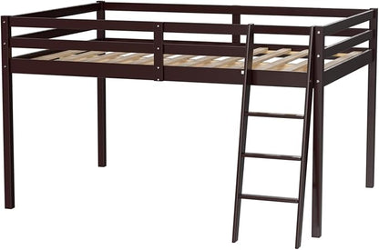 VINGLI Junior Low Loft Bed with Inclined Stairs, Wood Loft Bed Full Size for Adults, Kids and Young Teens, No Box Spring Required,Wood Slat Support, Espresso