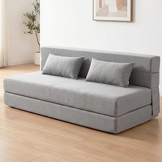 SUYOLS Folding Sofa Bed with Pillows- Convertible Chair Floor Couch & Sleeping Mattress, Foldable Memory Foam Sleeper for Living Room/Dorm/Guest Room/Home Office/Apartment/Loft, Queen, Light Gray