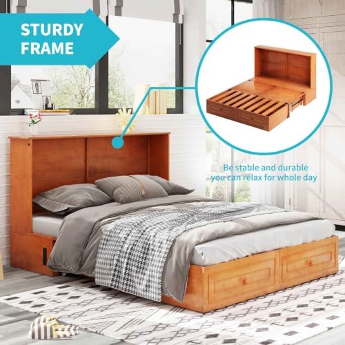 CECER Queen Murphy Cabinet Bed with Mattress, Cherry