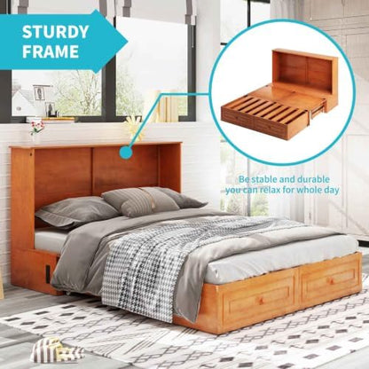 CECER Queen Murphy Cabinet Bed with Mattress, Cherry