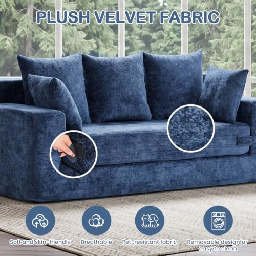 4-in-1 Boneless Sofa Bed, 70 inch Boneless Couch with Storage Pocket & 5 Pillows, Plush Velvet Couch for Living Room, Guest Room, Small Space
