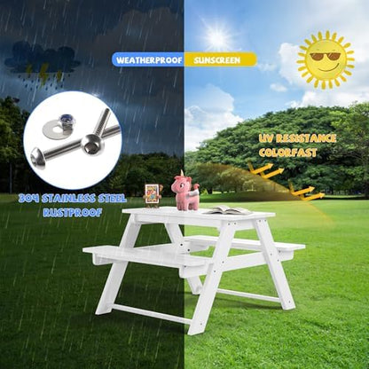 Costaelm Kids Picnic Table, HDPE All Weather Toddler Picnic Table, Toddler Outdoor Table and Chair Set Kids Bench for Patio, Backyard, Garden, Lawn, White