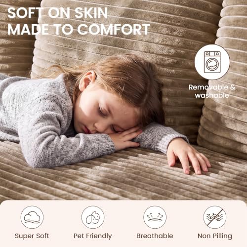 WINBOY 97" L Shaped Boneless Couches for Living Room, Comfy Modular Deep Seat Compressed Corduroy Sofa with Side Pocket,Right Facing Chiase,Camel