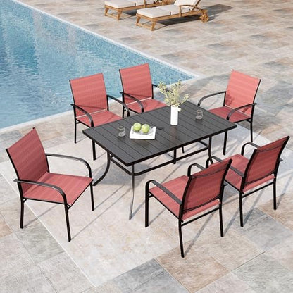 MIXPATIO 7pc Patio Dining Set, 59" Rectangle Metal Table, 6 Red Chairs