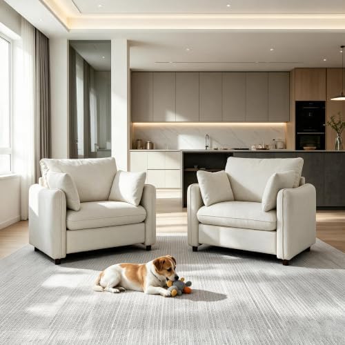 EJUNQ Oversized Accent Chair Set of 2, 42.1" Comfy Reading Chair with Wide Backrest and 2 Pillows, Modern Upholstered Accent Chairs for Living Room, Bedroom, Apartment, White