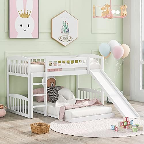 Twin Over Twin Bunk Bed, Wood Bunk Bed with Slide and Ladder, White