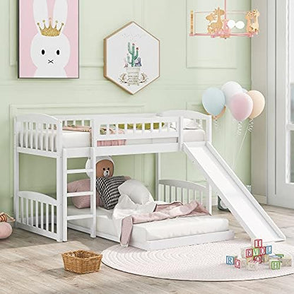 Twin Over Twin Bunk Bed, Wood Bunk Bed with Slide and Ladder, White