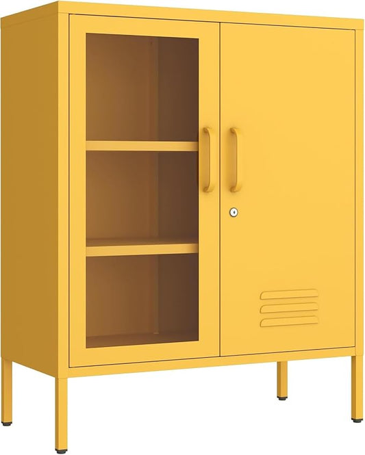 Metal Cabinet Metal Bathroom Storage Cabinet Metal Storage Cabinets with Glass Door and Adjustable Shelves Cabinet Storage for Coffee Bar for Homes, Living Rooms and Offices Yellow 33''H