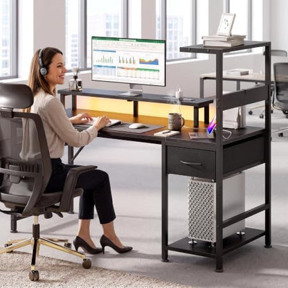 Korfile 54" Computer Desk with Power Outlets, LED, Side Hooks, CPU Stand