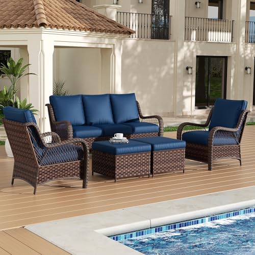 5 Piece Wicker Patio Furniture Set, Rattan Patio Chairs with High Back, Deep Seating, Wide Armrest, Thickened Cushions, Outdoor Furniture for Deck, Porch Use, Blue