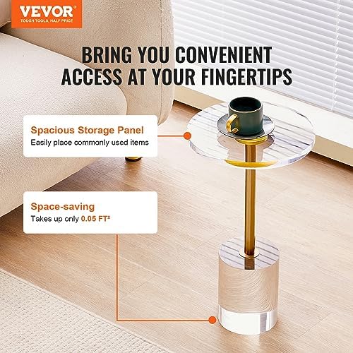 VEVOR Clear Acrylic Side Table, Modern End Table with Solid Base, φ12 inch Round Tabletop, 21 inch High, 20mm Thick, for Coffee, Drink, Food, Snack Used in Living Room, Bedroom, Office, Easy Assembly