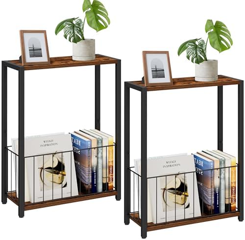 Homleke Narrow Side Tables Set of 2 with Magazine Holder, Skinny End Tables