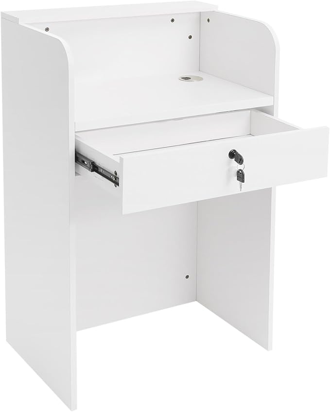 Reception Desk with Counter, Front Desk Reception Counter with LED Light & Lockable Drawer, Wooden Checkout Counter for Lobbies, Salons, Retail, Home Offices, Reception Room - Warm White