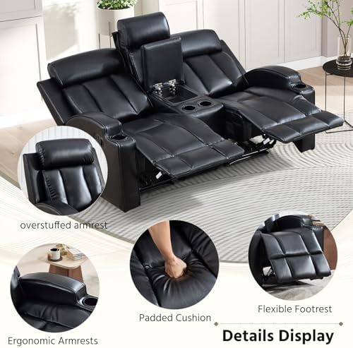 HAOMARKETS Premium PU Leather Manual Loveseat Recliner Sofa with Center Console, Overstuffed 2-Seater Reclining Couch with Hidden Storage & Cup Holders, Dual Recliner for Living Room, Black