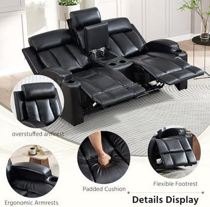 HAOMARKETS Premium PU Leather Manual Loveseat Recliner Sofa with Center Console, Overstuffed 2-Seater Reclining Couch with Hidden Storage & Cup Holders, Dual Recliner for Living Room, Black