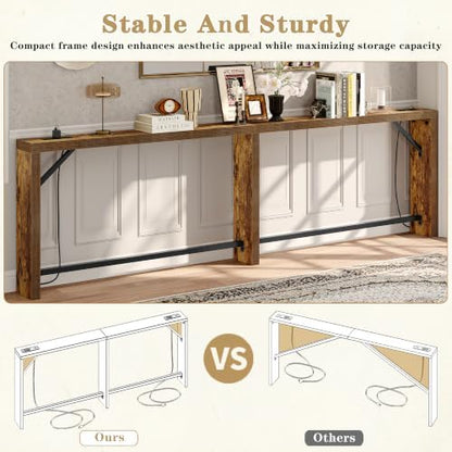 TIQLAB Sofa Table, 110 inch (1.2'' Thick Tabletop) Long Console Table Behind Couch, Narrow Entryway Table with Angled Metal Frame, Industrial Console Table for Entryway, Rustic Brown