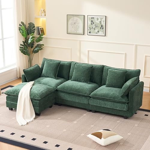 Modern 102" L Shaped Sectional Sofa Cloud Couch, Comfy Chenille Modern Modular Sleeper Sofa, Upholstery Sofa with Ottoman & Memory Foam for Living Room, Green