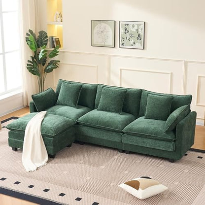 Modern 102" L Shaped Sectional Sofa Cloud Couch, Comfy Chenille Modern Modular Sleeper Sofa, Upholstery Sofa with Ottoman & Memory Foam for Living Room, Green