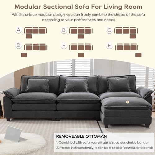 IPKIG 117" Modular Sectional Cloud Couch, Modern L-Shaped Sofa with Ottoman