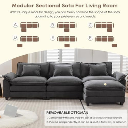 IPKIG 117" Modular Sectional Cloud Couch, Modern L-Shaped Sofa with Ottoman