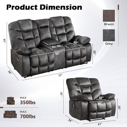 HAOMARKETS 2-Piece Recliner Sofa Set, Include Single Power Recliner Chair with Massage & Heat and Manual 2-Seater Loveseat Reclining Couch with Hidden Storage and Cup Holders for Living Room, Grey