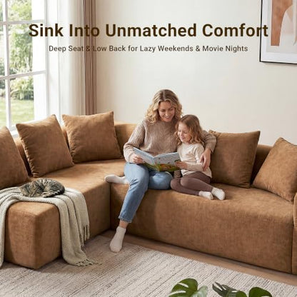 Claiks 142" Cloud Boneless Couch, L-Shape Right Chaise, Brown