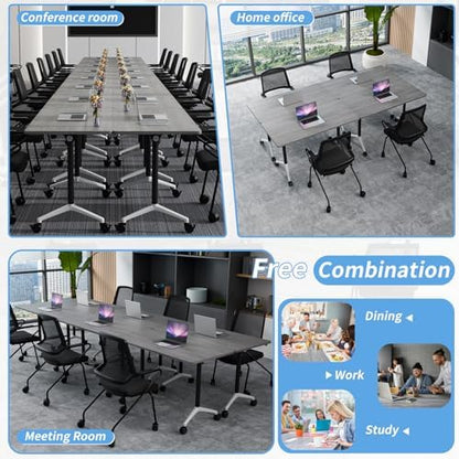 Folding Conference Table, Conference Room Tables with Wheels Foldable Large Rectangle Meeting Seminar Table for 6-12 People, Flip Top Mobile Training Table for Office Classr (8, Gray, 61in)