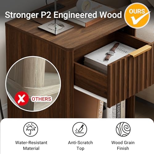 Fluted Nightstand with Charging Station, 18" W Night Stand with Metal Handle and Rounded Edge, FSC-Certified Wood, Mid Century Modern End Table w/Storage, Bedside Table for Bedroom, Walnut