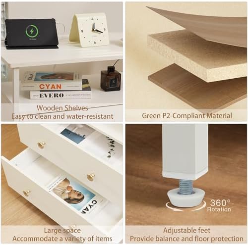 27" Nightstand Set 2 with Charging Station & 2 Drawer, White
