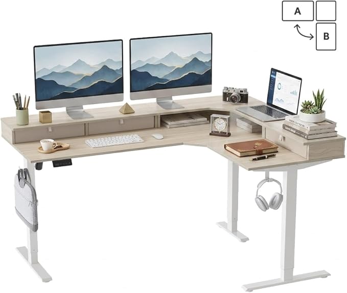 CubiCubi 63x48 Inches L Shaped Standing Desk with 3 Drawers and Monitor Shelf, Height Adjustable Corner Computer Desk with Hooks, Sit Stand Up Ergonomic Home Office Workstation Table, Light Walnut