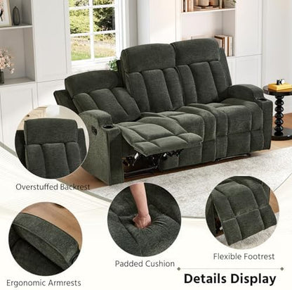 HAOMARKETS 3-Piece Manual Recliner Sofa Set, Included Recliner Chair and 3-Seater Couch Set of 2 with Padded Cushion, Overstuffed Fabric Reclining Couches with Cup Holders for Living Room, Green