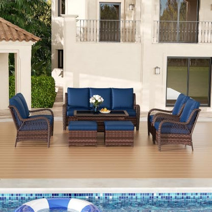 Outdoor Ottoman Set of 2, Patio Large Ottoman Foot Rest with Thickened Cushions, Outdoor Wicker Foot Stool for Porch, Deck Use, Blue