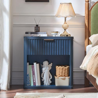 LEYAOYAO Fluted Nightstand with Charging Station, 23" Wide 1 Drawers End Table,Blue Night Stand with Open Storage Cabinet, Farmhouse Bed Side Tables, Wood Dresser for Bedroom, Living Room, Closet