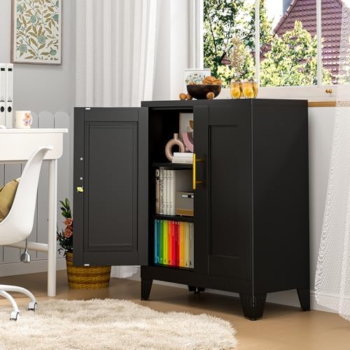 pozdeg Metal Storage Cabinet with 2 Doors, 35.8" H Steel Metal Locker Storage Cabinet with 2 Adjustable Shelves, Versatile Storage Buffet Sideboards for Home Office Garage or Gym (Black)