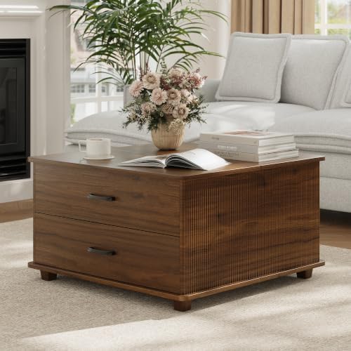 MALOL Storage Coffee Table with 2 Drawers & Flip-Top Lid with Hidden Storage, Modern Fluted Wood Coffee Table, Solid Wood Legs, Square Center Table for Living Room, Walnut